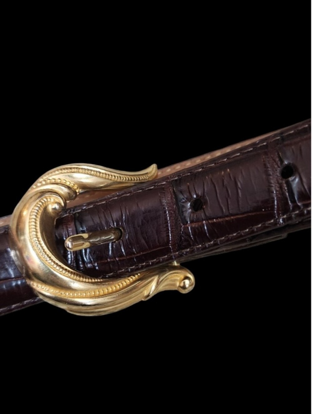COLDWATER CREEK Croc Embossed Leather Belt Brown Gold Scroll Buckle M
